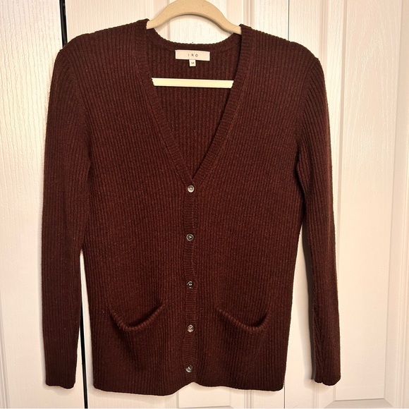 IRO Women’s Medium Deep Brown Red Ribbed V-Neck Button Up Cardigan Wool Pockets - Picture 1 of 8